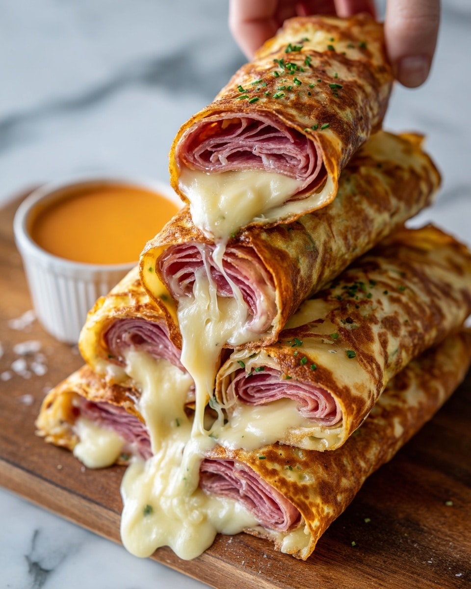 The image shows a stack of three rolled sandwiches on a wooden board, each filled with layers of melted white cheese and pink shredded meat, possibly corned beef. The rolls have a golden-brown crust with some melted cheese on top, sprinkled with small green herb pieces. In the background, there is a small white bowl with a creamy sauce, slightly out of focus, and the whole setup rests on a white marbled surface. The texture of the cheese is gooey and soft, oozing slightly from the open ends of the rolls. photo taken with an iphone --ar 4:5 --v 7