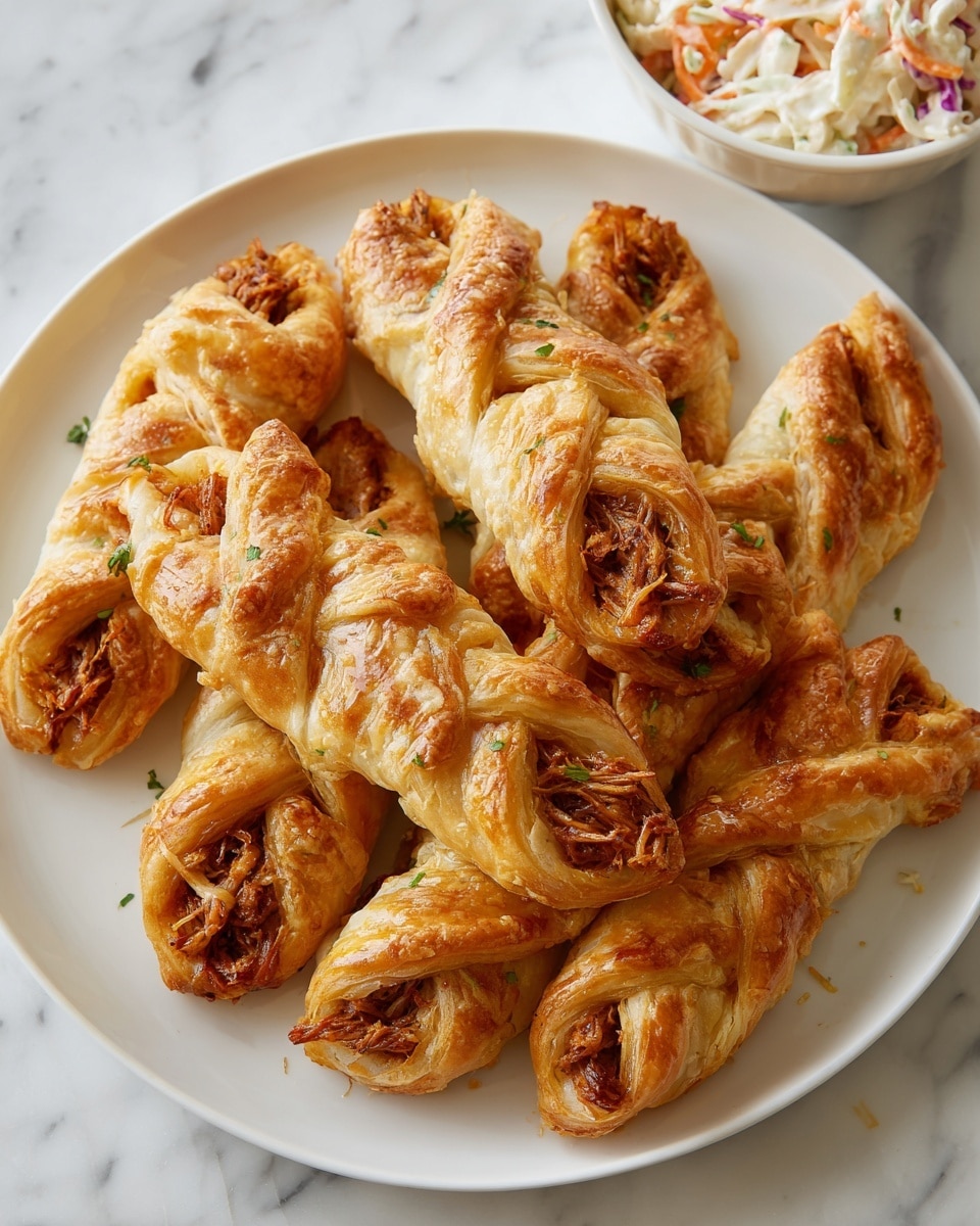 A white plate filled with golden-brown puff pastries that are twisted at the ends to reveal a rich, dark reddish-brown pulled pork filling. The puff pastry layers are flaky and crispy, showing a light, buttery texture with slight browning on the folds. The pork filling looks moist and finely shredded, with a few visible herbs sprinkled on top for color. In the background, there is a small white bowl containing a creamy coleslaw with shredded orange, white, and purple cabbage. The entire scene is set on a surface with a white marbled texture. photo taken with an iphone --ar 4:5 --v 7
