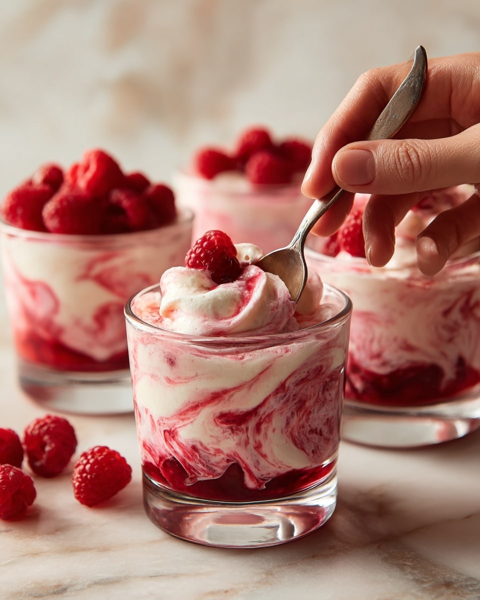 The image shows several clear glass dessert glasses filled with raspberry mousse arranged on a white marbled surface. Each glass contains two visible layers: the bottom layer is a smooth, deep red raspberry jelly, and the top layer is a lighter pink, creamy mousse swirled into a soft peak on top. In the lower portion of the image, a white bowl contains mixed whole fresh raspberries and pink mousse, with a silver spoon stirring the mixture. The textures contrast between the glossy jelly, fluffy mousse, and fresh raspberries. The photo taken with an iphone --ar 4:5 --v 7