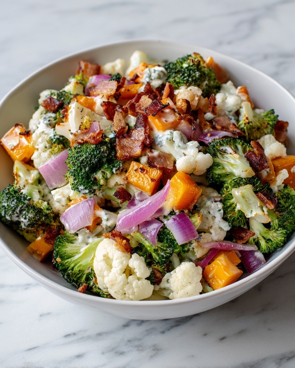 A close-up view of a colorful broccoli salad served in a white bowl, placed on a white marbled surface. The salad has four main layers: bright green broccoli florets with bumpy texture scattered throughout, creamy white cauliflower pieces with a slightly rough surface, small cubes of pale orange and white cheddar cheese, and finely chopped red onions adding purple and white tones. Crispy brown bacon bits are sprinkled on top, adding a crunchy texture. Everything is coated lightly with a creamy white dressing that glistens under the light, making the ingredients look fresh and vivid. photo taken with an iphone --ar 4:5 --v 7