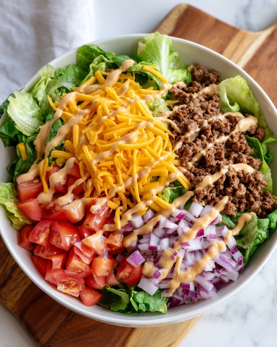 A white bowl filled with a fresh salad, starting with a base layer of leafy green lettuce with light and dark green shades, topped with sliced red tomatoes arranged evenly around the bowl. On top of the tomatoes is a layer of finely crumbled cooked ground beef, dark brown in color and textured with small clumps. Scattered throughout are thin strips of bright orange-yellow cheddar cheese and small pieces of purple-red onion. The salad is finished with a creamy, light orange dressing drizzled generously over everything in uneven lines. The bowl sits on a white marbled surface near a corner of a wooden board. photo taken with an iphone --ar 4:5 --v 7