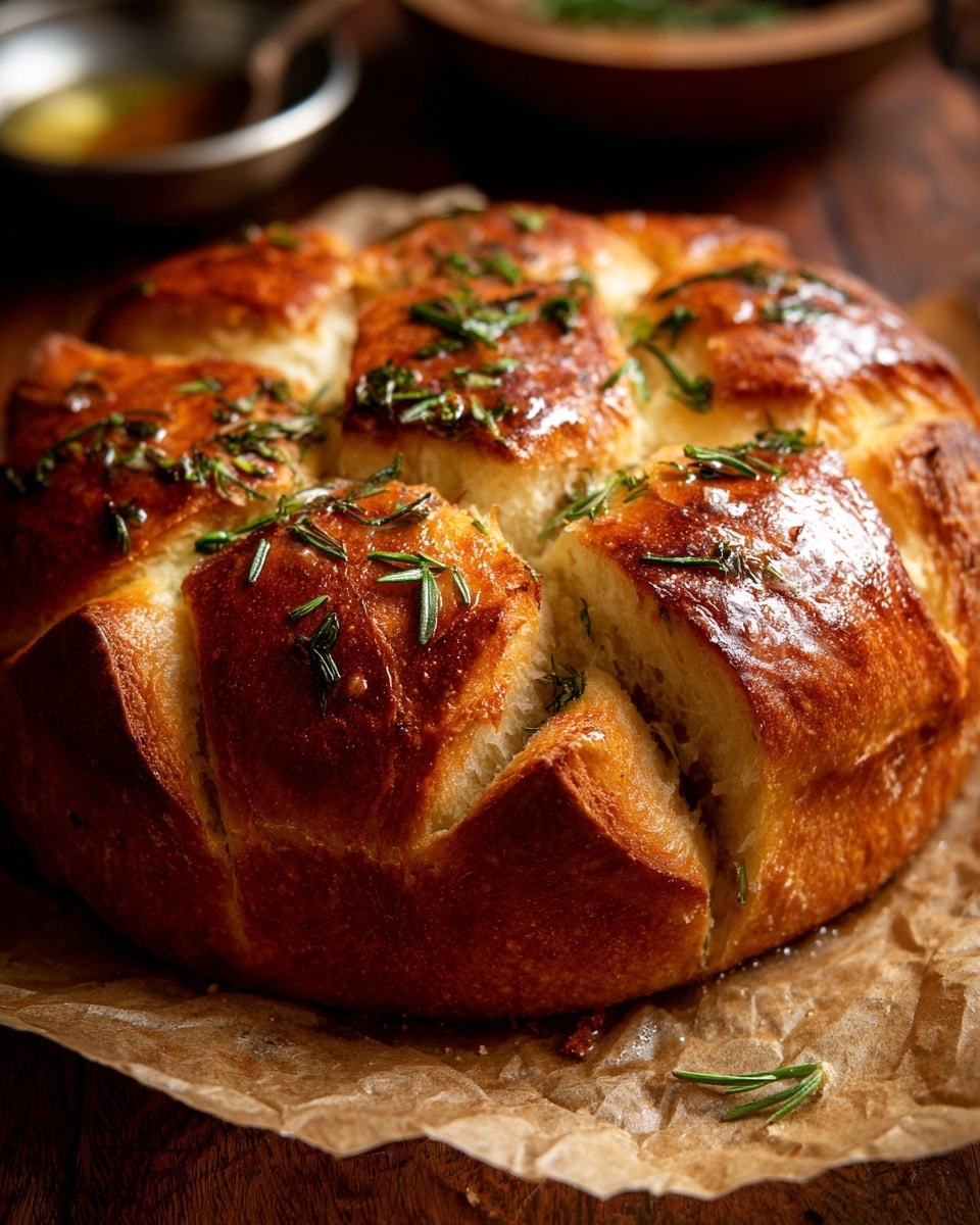 The image shows a round, golden-brown bread with a shiny crust, baked until it has a slightly crispy texture on the outside. The top is divided into eight thick, soft segments with a light sprinkling of fresh green herbs, possibly rosemary, giving it a rustic look. The bread sits on a piece of brown parchment paper on a wooden surface, with parts of a bowl blurred in the background. The light highlights the glossy finish and the fluffy texture inside the bread. Photo taken with an iphone --ar 4:5 --v 7