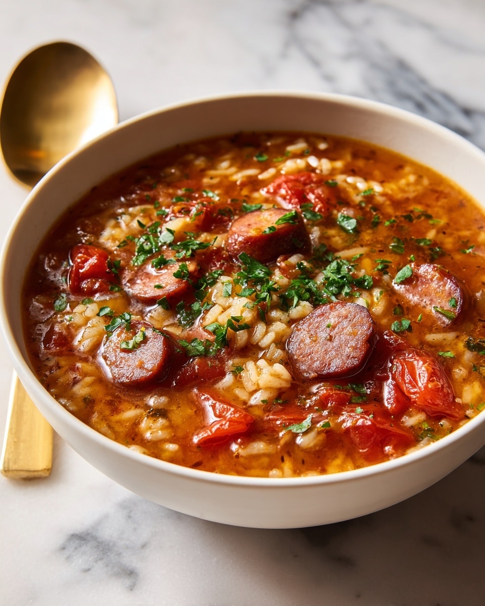 The image shows a bowl of thick soup with visible layers of ingredients. The bottom layer contains small pieces of cooked rice, light brown and slightly soft in texture, mixed throughout the bowl. Above this, there are round slices of browned sausage evenly spread, with a slightly crispy surface and a rich, dark brown color. The soup base is a warm, orange-brown broth that fills the bowl around and over the rice and sausage. Scattered small chunks of red tomato add bright color and texture contrast. The bowl is white and sits on a white marbled surface. Photo taken with an iphone --ar 4:5 --v 7