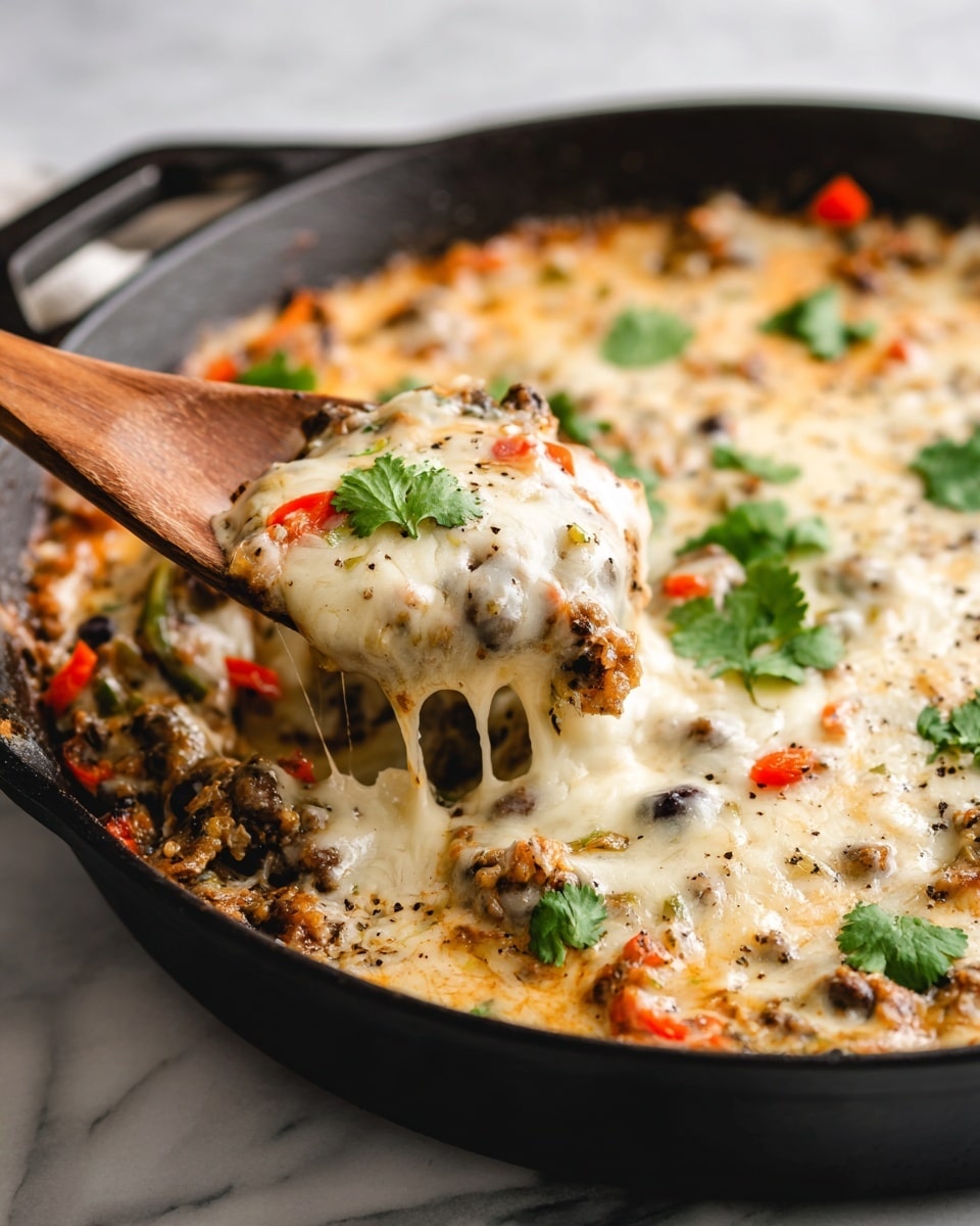 A close-up of a black pan filled with three main layers: the bottom layer has cooked black beans, chopped vegetables like green and red peppers with a soft texture; the middle layer is covered in smooth, melted white cheese with a slightly browned surface and small black pepper specks; the top layer includes golden-brown crispy crumbles scattered around and fresh green cilantro leaves placed in the center, with a light wooden spoon scooping some cheesy parts. All this is set on a white marbled surface. photo taken with an iphone --ar 4:5 --v 7