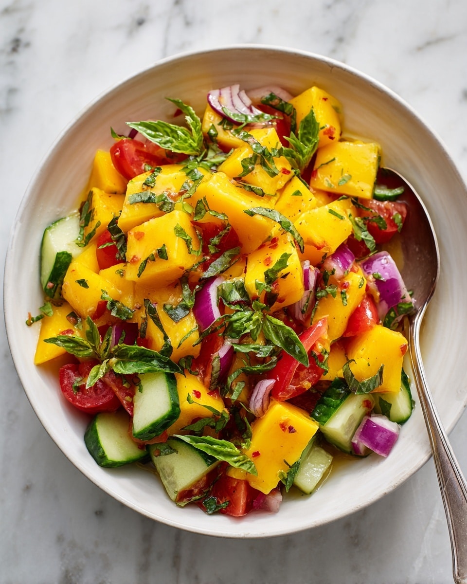 A salad served in a white bowl with a silver spoon on the right side. The salad has many pieces of yellow mango as the main layer, mixed with chopped red tomatoes, small cubes of purple-red onions, and green cucumber slices. Fresh green basil leaves are scattered on top and within the salad, adding some leafy texture. The colors are bright and fresh, with a mix of yellow, red, purple, and green against the white bowl and a white marbled texture background. photo taken with an iphone --ar 4:5 --v 7