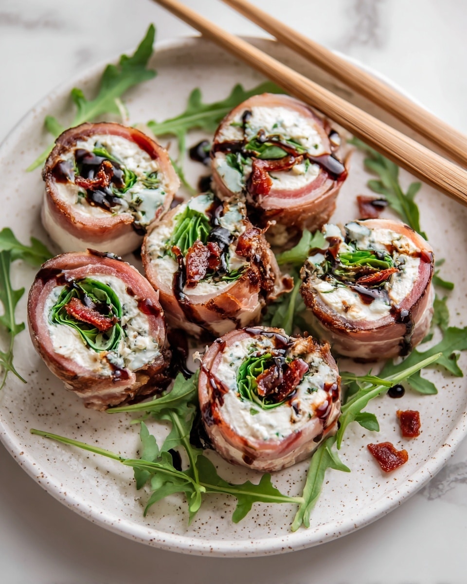 The image shows several rolled slices of a dish arranged on a white speckled plate. Each roll has four visible layers: an outer thin layer of pinkish cured meat, a fresh dark green leafy vegetable layer, a bright white creamy cheese layer, and small pieces of reddish-brown roasted vegetables. There is a dark glossy balsamic glaze drizzled on top of the rolls. Some loose green leaves and bits of salt are scattered on the plate and wooden surface beneath. Wooden chopsticks rest on the right side of the plate. The background is a white marbled texture. photo taken with an iphone --ar 4:5 --v 7