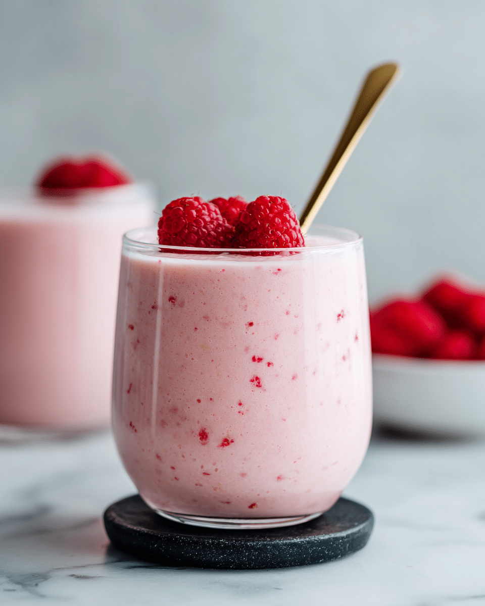 A clear glass filled with a creamy pink smoothie with visible small red raspberry pieces mixed inside. The smoothie reaches near the top of the glass, which has three fresh whole raspberries placed on top as a garnish. A golden spoon is inserted into the glass on the right side, slightly angled. The glass is placed on a small black round base, sitting on a white marbled surface. In the blurred background, there is a white bowl with more raspberries. Photo taken with an iphone --ar 4:5 --v 7