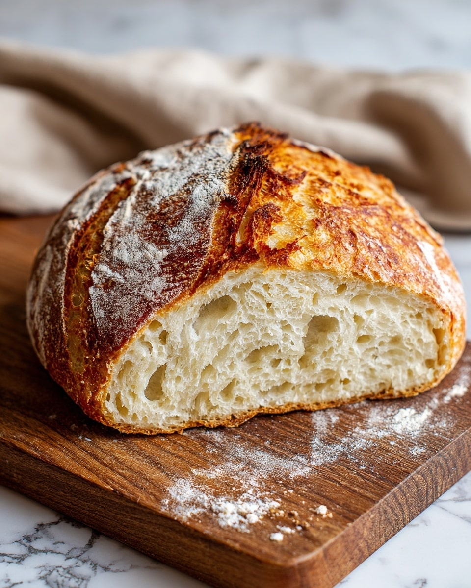 A round loaf of bread with a thick, golden-brown crust featuring deep, uneven cuts on top revealing the light, airy inside with many holes, placed on a rustic wooden cutting board dusted with flour, all set on a white marbled textured surface, with a beige cloth slightly visible in the background, photo taken with an iphone --ar 4:5 --v 7