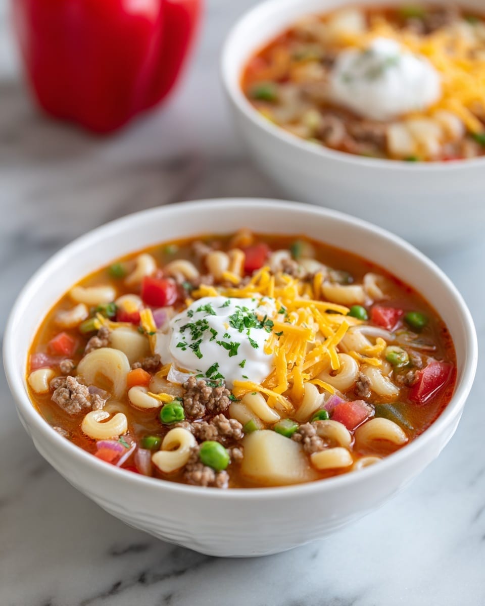 A white bowl filled with a thick, colorful soup showing three main layers: a base layer of clear brown broth, a second layer of chunky diced red tomatoes, chopped onions, peas, and ground meat mixed with small pasta shells, and a top layer sprinkled with shredded yellow cheese, small dollops of white sour cream, and chopped green herbs. The pasta shells are light beige and sit above the broth, mixing with small pieces of orange and red bell pepper. In the background, another white bowl of the same soup is partially visible next to a whole red bell pepper, all set on a white marbled surface. Photo taken with an iphone --ar 4:5 --v 7