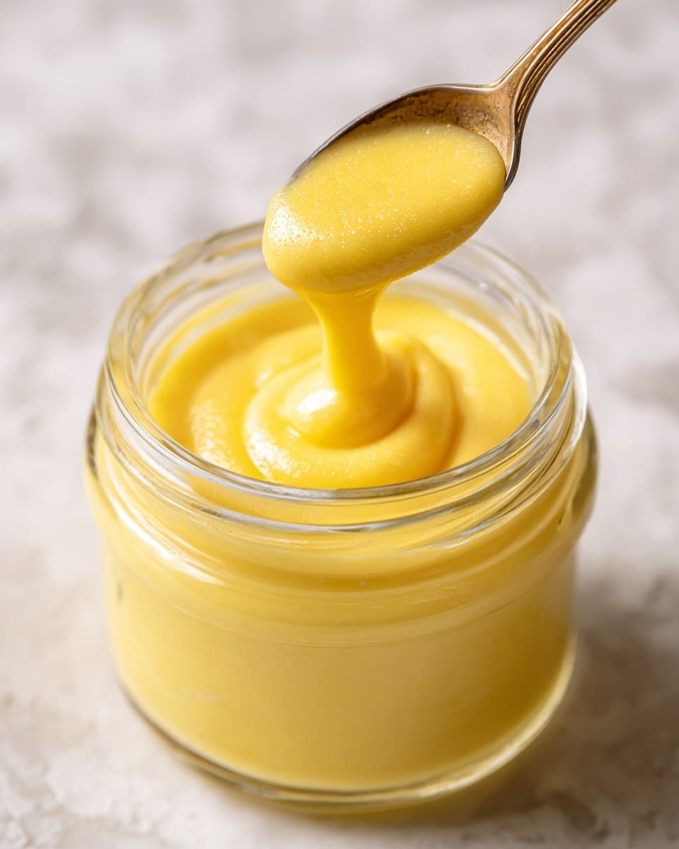 A close-up view of a clear glass jar filled to the top with smooth, thick yellow sauce or cream. The sauce is slightly shiny, with a creamy texture, and is being poured back into the jar, forming a small swirl in the center of the surface. The background shows a soft focus white marbled texture, giving a clean and bright look. The image conveys a rich and fresh feel of the sauce. photo taken with an iphone --ar 4:5 --v 7