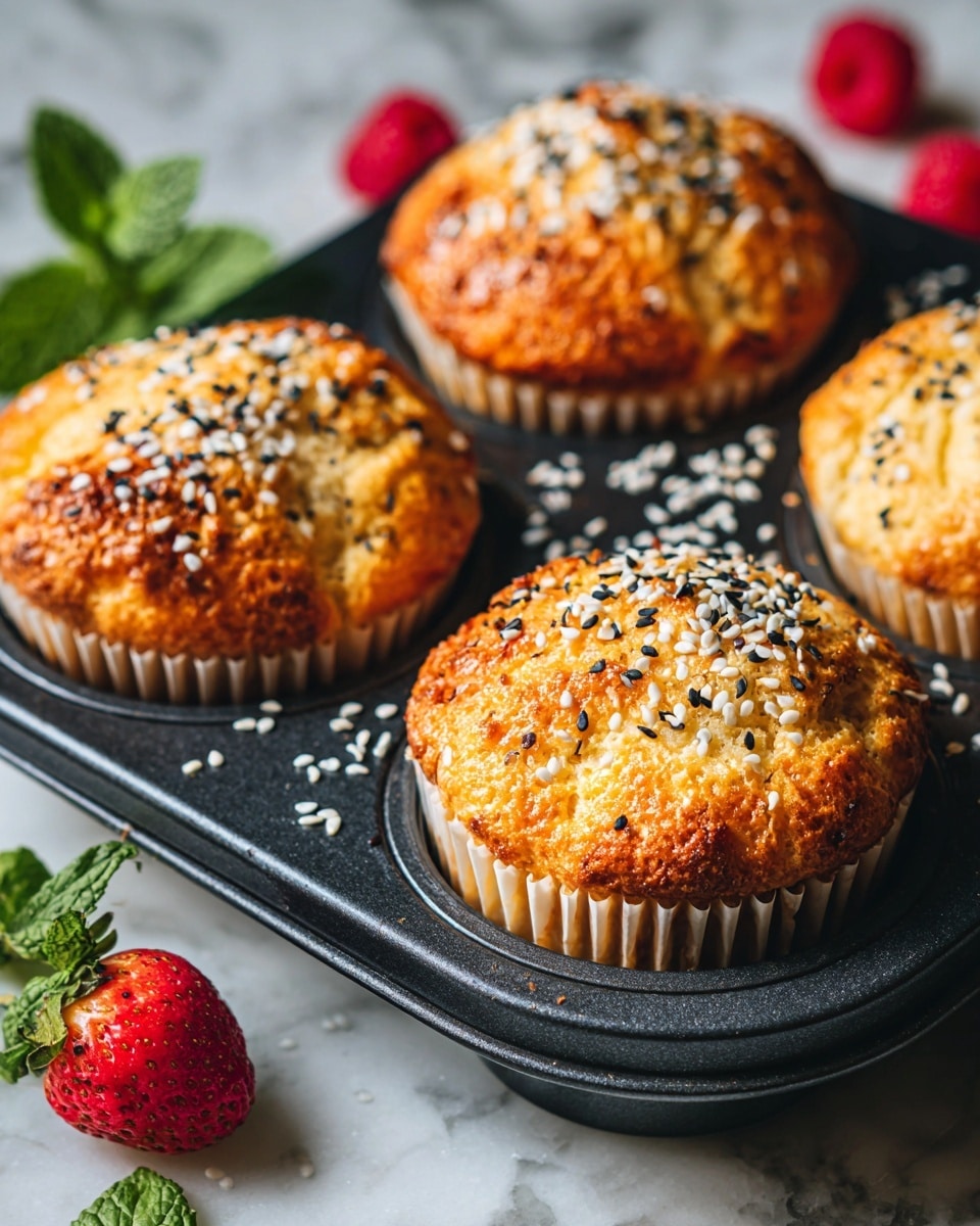A close-up view of four golden-brown muffins baked in white paper liners, each topped with a sprinkling of mixed black and white seeds that add texture and contrast. The muffins sit in a dark baking tray with a smooth surface, and the cracked tops show a light and fluffy inside. The scene includes scattered seeds around the tray, a single red strawberry, a raspberry, and a few green mint leaves resting on a white marbled background, highlighting the natural and fresh setting. photo taken with an iphone --ar 4:5 --v 7