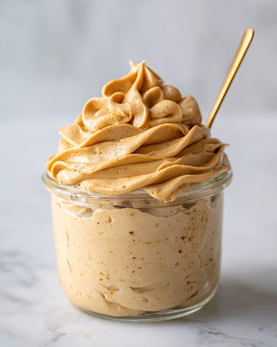 A clear glass jar filled with a light tan, smooth and creamy peanut butter mousse with soft, swirled peaks that have a few specks of darker peanut butter showing through. The mousse fills the jar almost to the top, where it is thickly piped in gentle, wavy folds. A gold spoon is inserted deep into the mousse, slightly pressing into the soft texture. The jar rests on a white marbled surface with soft lighting, creating a clean and fresh look. photo taken with an iphone --ar 4:5 --v 7