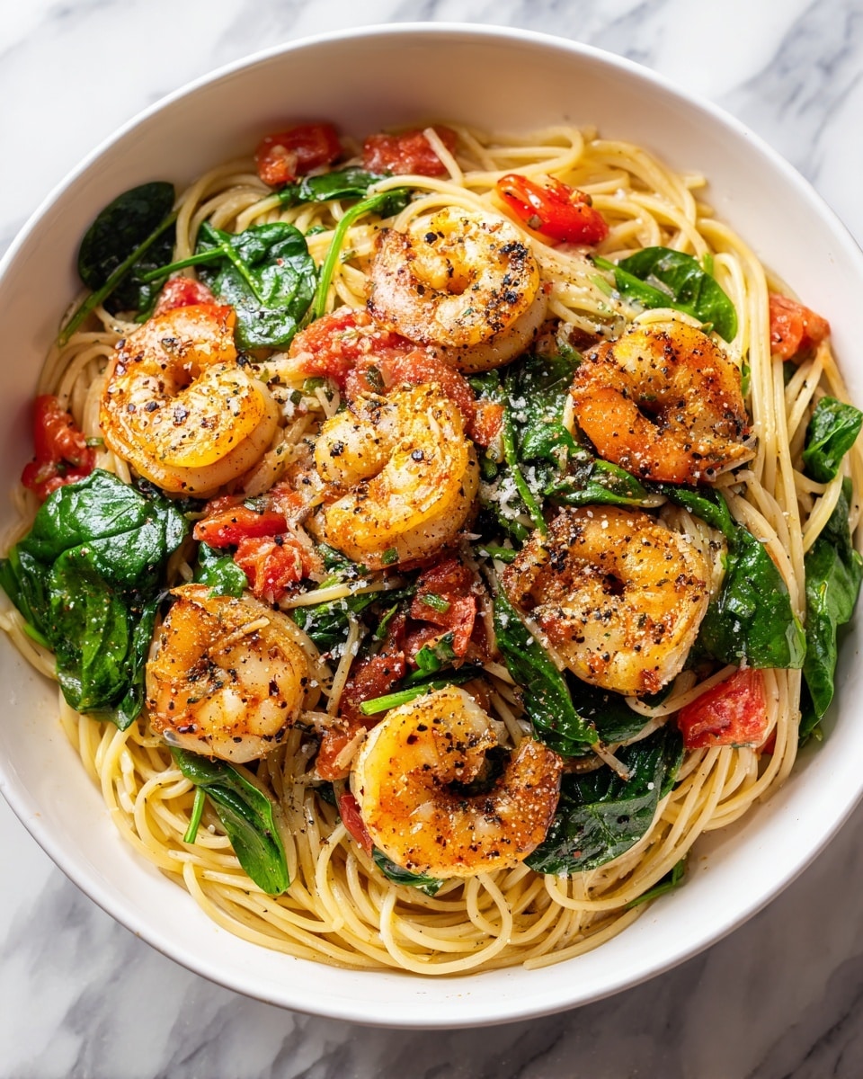 A white bowl filled with a dish of shrimp pasta, showing about eight large shrimp with a light golden color and some pepper sprinkled on top. Under the shrimp, there is a layer of cooked spaghetti mixed with bright green spinach leaves and red tomato chunks, creating a mix of colors. The shrimp are placed over the pasta, making them the main focus. The bowl sits on a white marbled surface. photo taken with an iphone --ar 4:5 --v 7