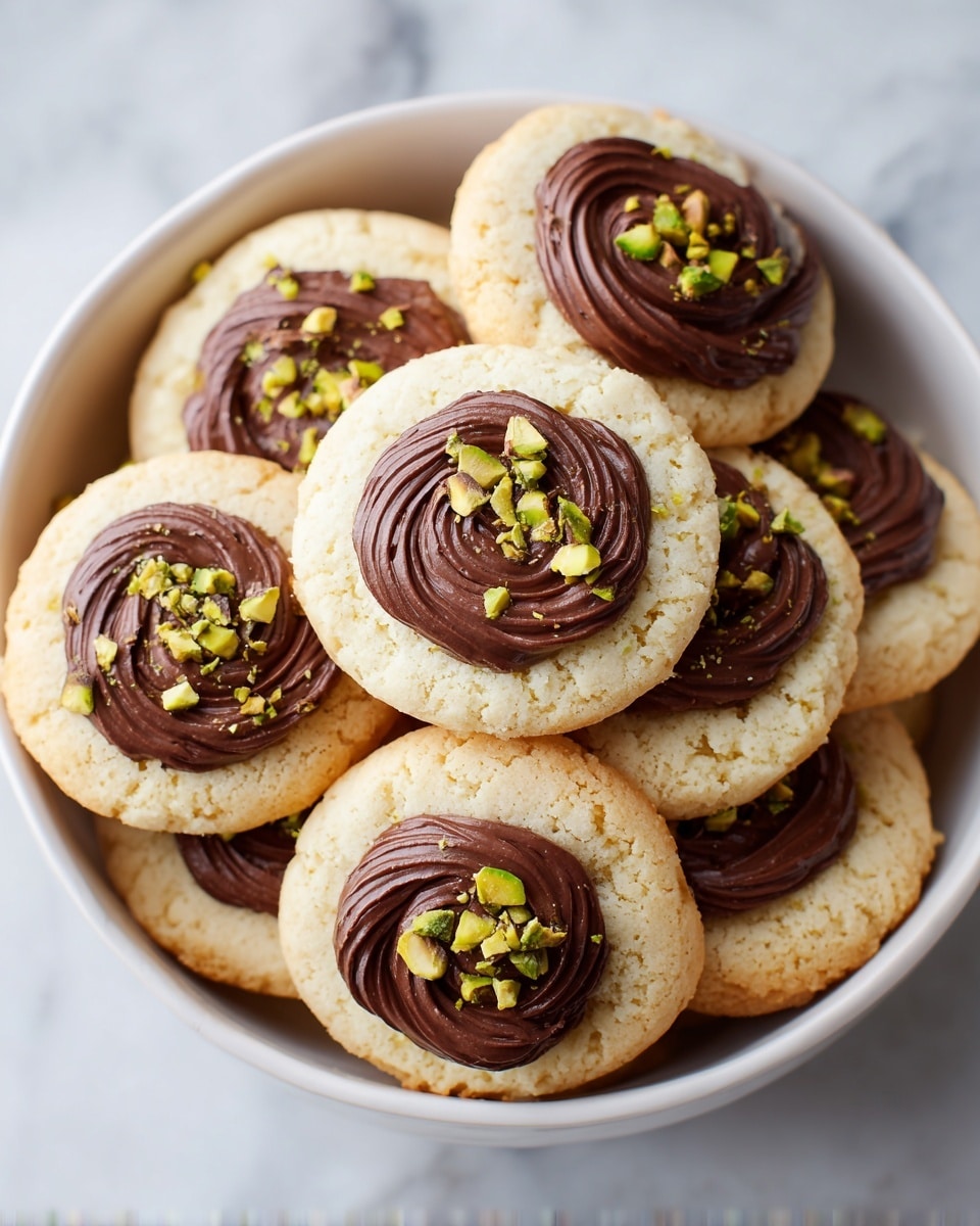 A white bowl filled with round cookies in layers, each cookie topped with smooth, dark chocolate frosting swirled neatly in the center. The cookies have a light golden color with a soft texture, and small chopped green pistachios sprinkled on top of the chocolate layer. The bowl is placed on a white marbled surface, and the overall look is warm and inviting, showing a mix of brown and cream tones with green accents from the pistachios. Photo taken with an iphone --ar 4:5 --v 7