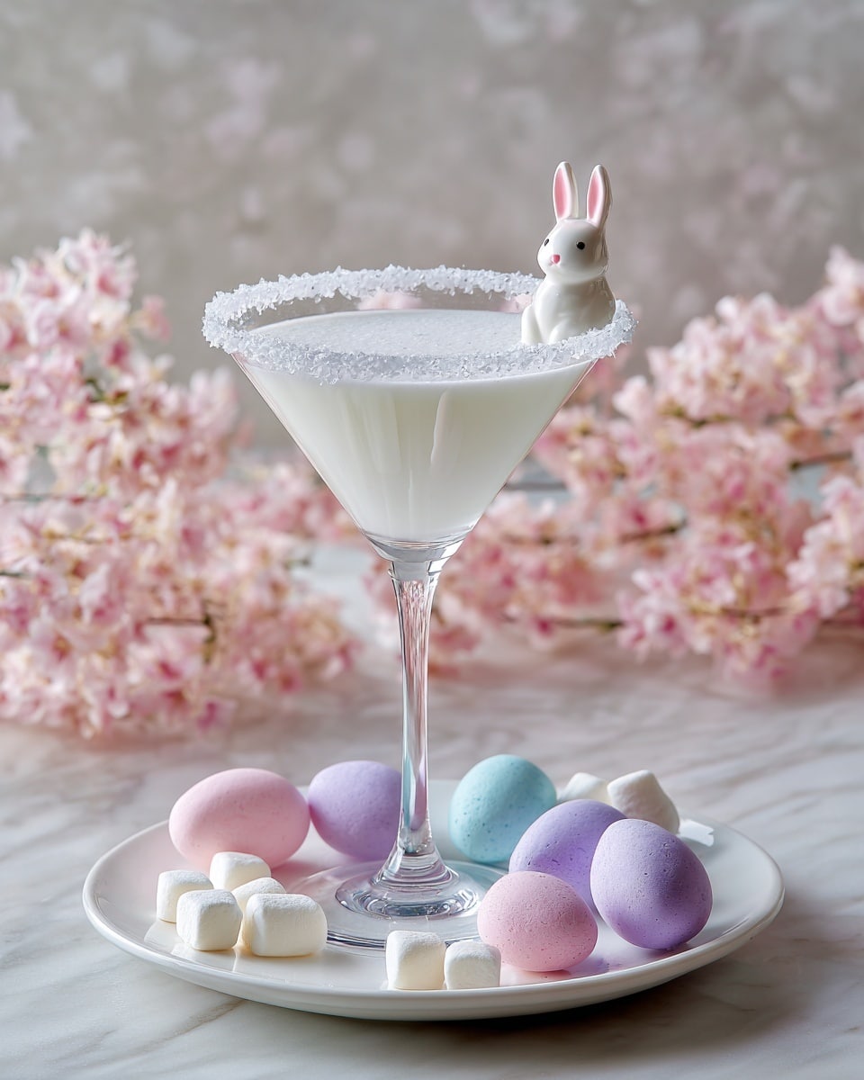A clear tall glass with a wide rim holds a smooth white drink topped with a small white bunny-shaped decoration. The glass rim is covered with white sugar or salt. It sits on a white plate with small white and pastel-colored candies and pastel pink and blue eggs. The background has soft pink flowers and white marbled texture. The photo taken with an iphone --ar 4:5 --v 7