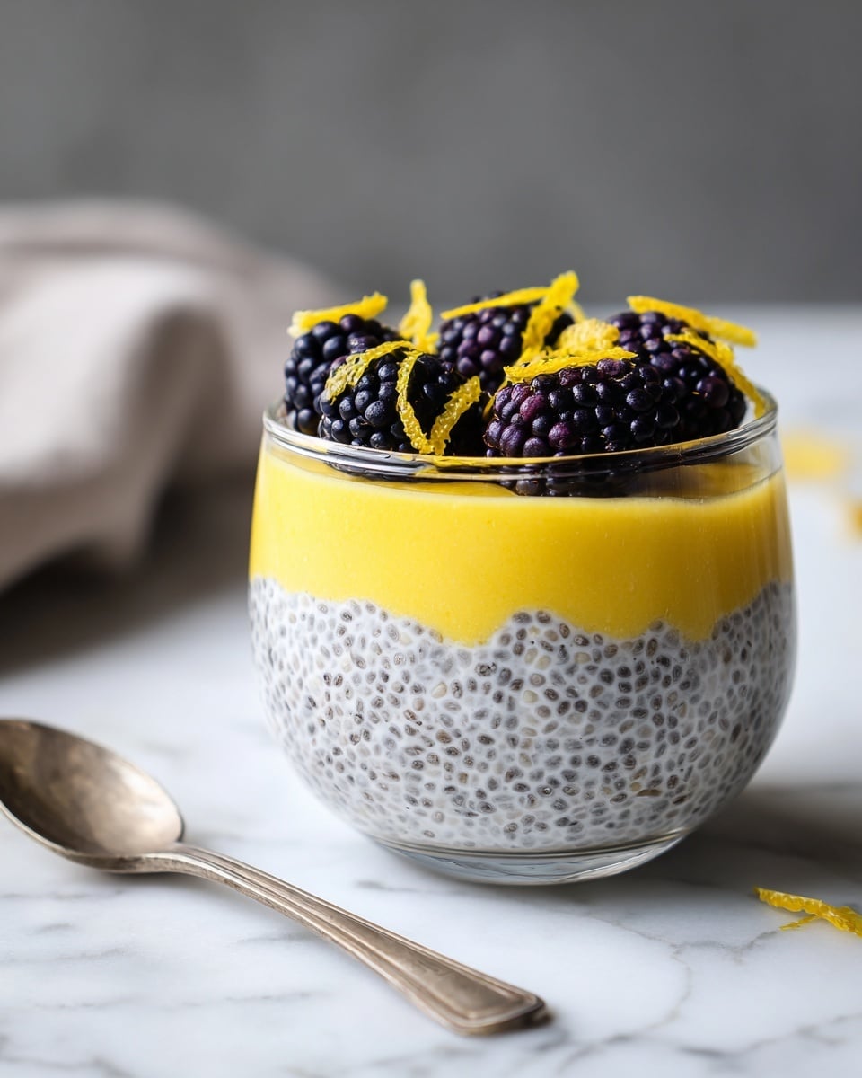 A clear glass bowl contains three layers: the bottom layer is a white chia pudding dotted with many small black chia seeds, creating a textured look; above it is a smooth bright yellow layer of creamy custard or pudding; the top layer has several whole blackberries and some small curly yellow lemon zest pieces placed as garnish, all set on a white marbled surface with soft lighting. photo taken with an iphone --ar 4:5 --v 7