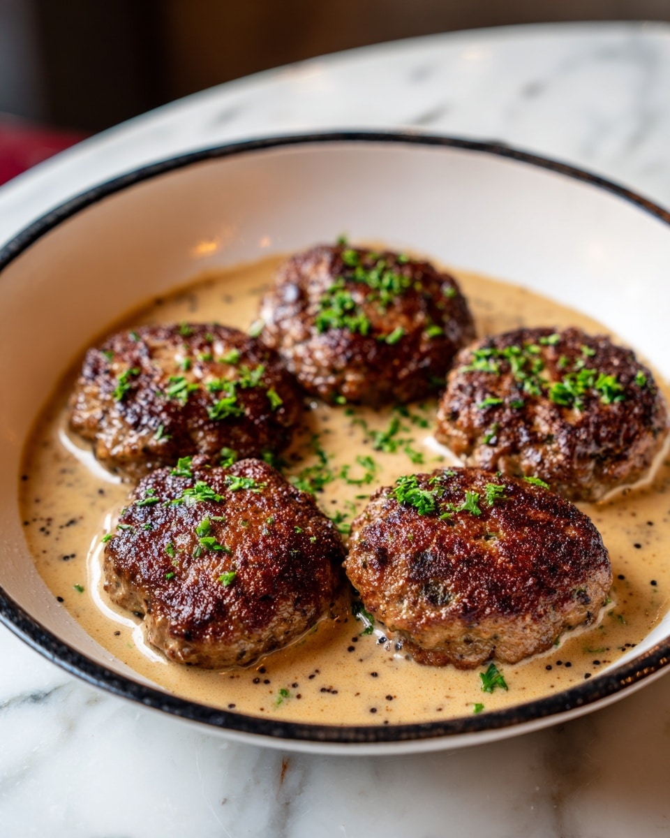The image shows a white skillet with a black rim containing five browned meat patties cooked to a crispy texture. Each patty is partially covered in a light beige creamy sauce speckled with black pepper and garnished with small, bright green chopped herbs, mostly scattered on top of the patties and in the center of the pan. The sauce pools around the patties, with some browned bits sticking to the sides of the skillet. The skillet sits on a white marbled surface, and part of a wooden board is visible to the right. photo taken with an iphone --ar 4:5 --v 7