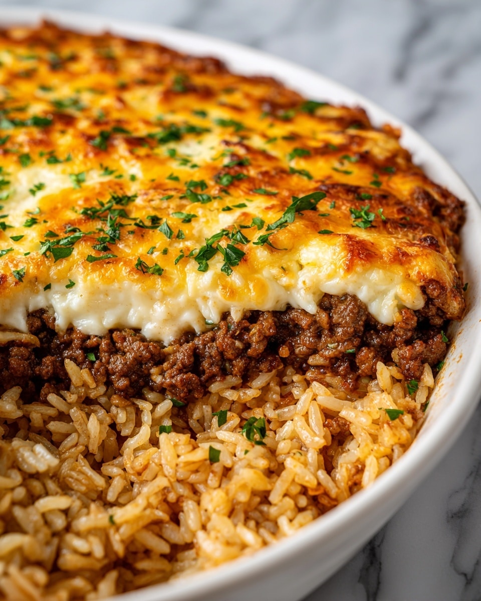 The image shows a close-up of a dish with three main layers. The bottom layer is made of cooked rice with a slightly browned and crispy texture in some parts. Above the rice, there is a layer of cooked ground beef with small chunks visible, cooked to a rich brown color. The top layer is melted cheese, creamy with some golden-brown spots from being baked or broiled, and sprinkled with chopped green herbs. The whole dish is presented on a white marbled surface. photo taken with an iphone --ar 4:5 --v 7