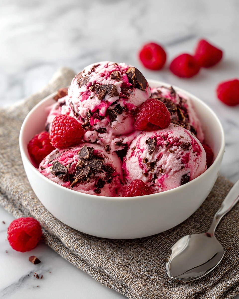 A white bowl filled with three scoops of pink raspberry ice cream mixed with chunks of dark chocolate, showing swirls of red raspberry sauce throughout, topped with a few whole fresh raspberries placed both inside and around the bowl; the bowl sits on a textured brown mat, with a silver spoon beside it, all set on a white marbled surface with a blurred brown and red background. photo taken with an iphone --ar 4:5 --v 7
