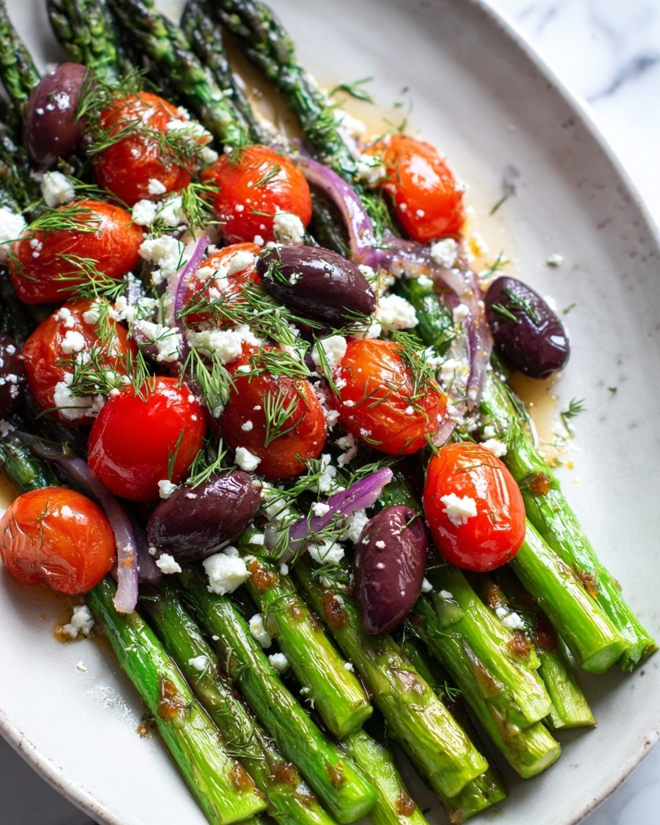A white plate holds a colorful dish with two main layers. The bottom layer is made of bright green asparagus spears laid side by side, with a tender and slightly shiny texture. On top of the asparagus, there is a generous mix of halved red cherry tomatoes, dark purple olives, and small white crumbles of cheese, spread evenly across the plate. Flecks of chopped herbs and light red onion slices add more colors and texture to this fresh, vibrant mix. The plate rests on a white marbled surface, and a blurred yellow bottle can be seen in the background. photo taken with an iphone --ar 4:5 --v 7