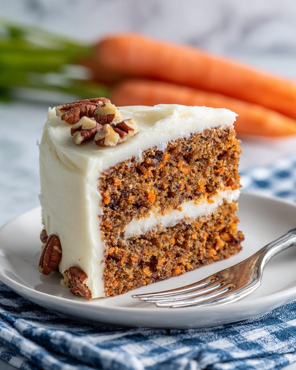 A single slice of carrot cake with a thick layer of white cream cheese frosting on top is placed on a white plate, with small pieces of chopped nuts scattered over the frosting. The cake itself is a moist, textured mix of orange carrot bits and darker raisins or nuts, showing a dense and rich crumb. A silver fork is gently pressing into the frosting from above, with three prongs slightly sunk into it. The plate rests on a blue checked cloth, and the background is softly blurred with a white marbled texture and a hint of orange carrots in the distance. Photo taken with an iphone --ar 4:5 --v 7