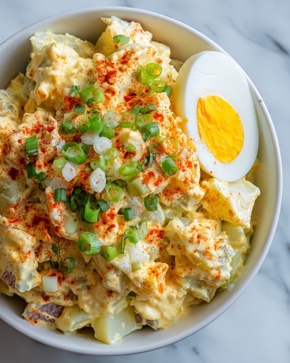 The image shows a close-up of a bowl filled with creamy potato salad. The salad has chunks of soft white potatoes mixed with a smooth, pale yellow mayonnaise dressing. There are bits of chopped green onions sprinkled on top, adding a pop of green color. The salad is garnished with slices of boiled egg and dusted with a light sprinkling of red paprika powder. The bowl is white, placed on a white marbled surface, and a woman's hand lightly holds its edge. photo taken with an iphone --ar 4:5 --v 7