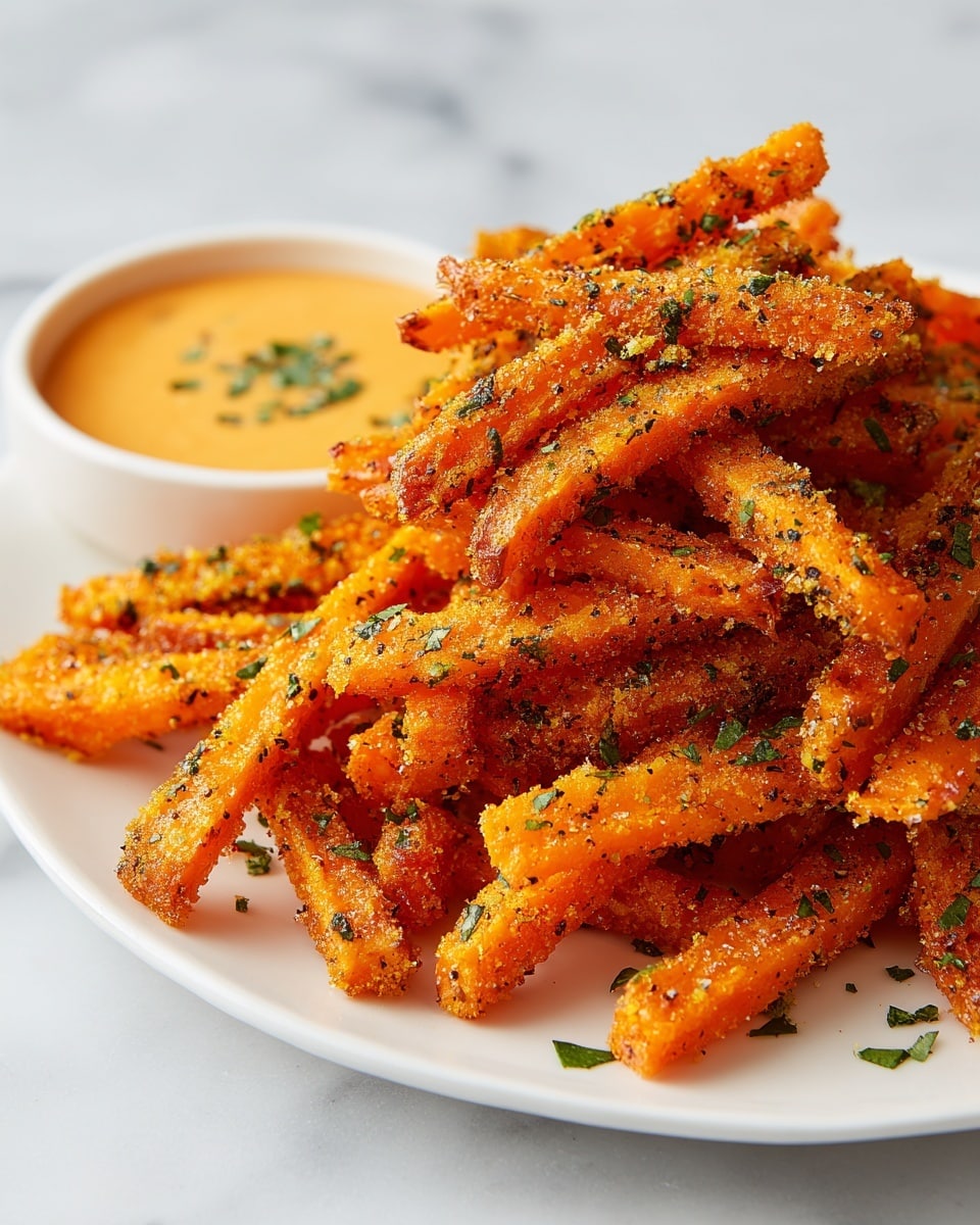 The image shows a white bowl full of crispy carrot fries stacked in a pyramid shape, each fry coated in a mix of red and orange seasoning with bits of green herbs sprinkled on top. Next to the bowl is a small round white dish filled with a smooth, light beige dipping sauce. The carrot fries look crunchy with a slightly rough texture from the coating. The background is a white marbled surface, adding a clean and bright feel to the image. photo taken with an iphone --ar 4:5 --v 7