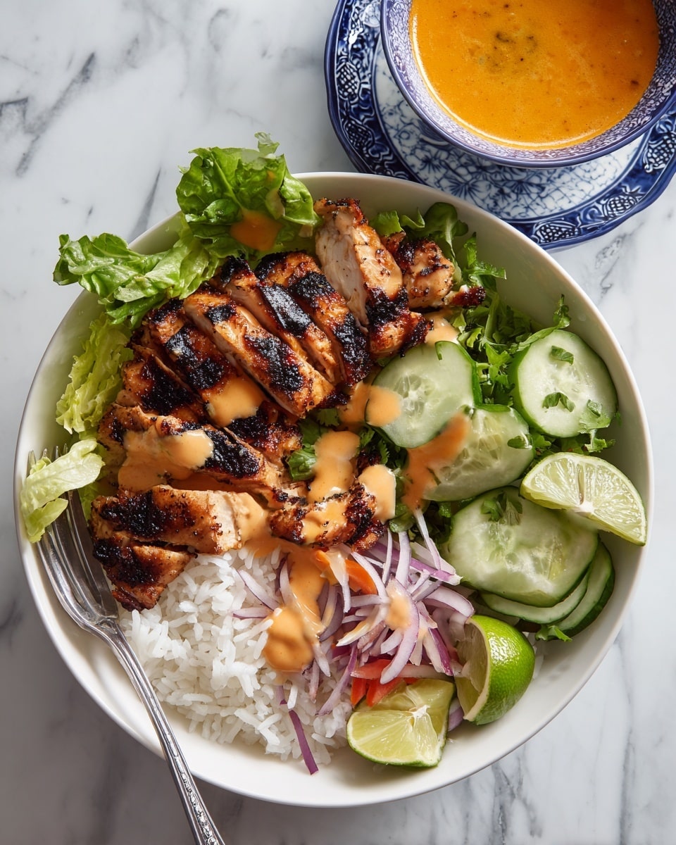 In a white bowl on a white marbled surface, there is a layered dish starting with a base of white rice. On top of the rice, there are three pieces of grilled chicken with a charred, dark brown and orange sauce glaze. Surrounding the chicken, on one side, is a mix of fresh green lettuce leaves and slices of cucumber, with a wedge of lime on the side. A small piece of grilled meat or vegetable is also visible among the greens. A fork is placed on the right side of the bowl, partially resting on the rim. In the background, there is a white bowl with a blue intricate pattern containing orange soup with a spoon. Photo taken with an iphone --ar 4:5 --v 7