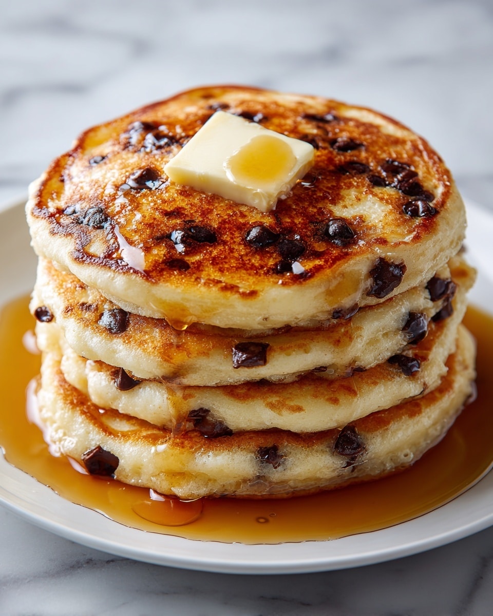 A stack of four thick, fluffy pancakes with a golden-brown color and visible chocolate chips inside each layer sits on a white plate. The top pancake has a dollop of melting butter, creating a creamy white contrast against the warm tones. Around the base of the stack, amber syrup pools, glistening and slightly spilling onto the plate. The edges of the pancakes are soft and slightly crisp, showing texture from cooking. The photo is set against a white marbled background. photo taken with an iphone --ar 4:5 --v 7