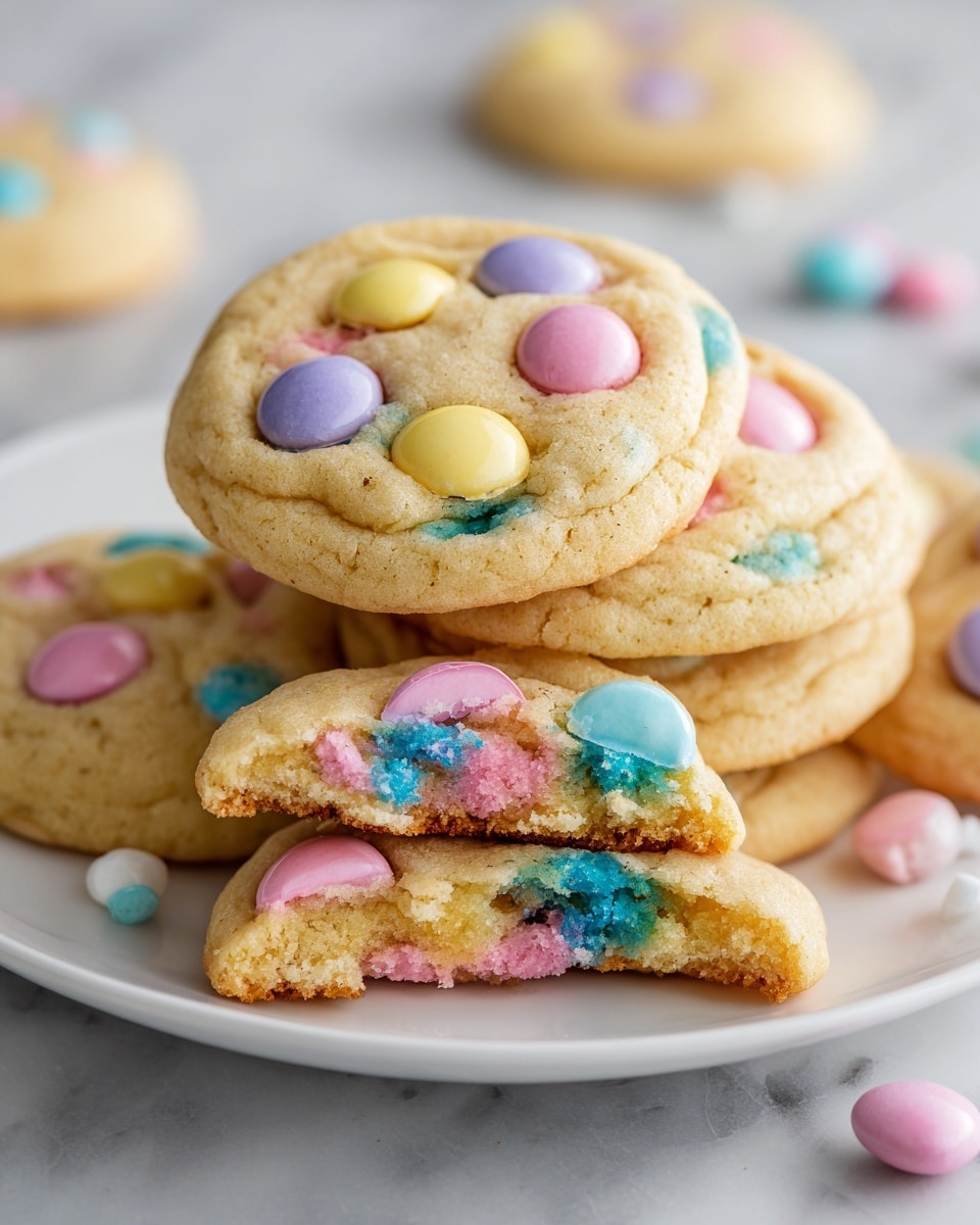 A white plate holds five soft cookies with a slightly golden edge and a pale yellow base. Each cookie is dotted with round pastel-colored candy pieces in pink, blue, yellow, and white. One cookie is broken in half on the plate, showing a chewy inside with a mix of melted candy pieces creating blue and pink spots. The cookies have a slightly cracked surface texture and look thick and soft. The whole scene is set on a white marbled surface. Photo taken with an iphone --ar 4:5 --v 7