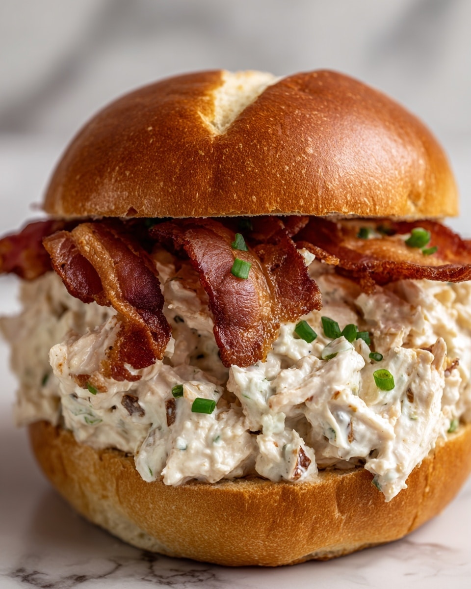 The image shows a close-up of a sandwich with three layers inside a soft, golden-brown bun. The bottom layer is white shredded chicken mixed with a creamy sauce, topped with small green chopped herbs. Above that is a thick layer of melted yellow cheese with a smooth texture. On top, there are strips of crispy brown bacon. The sandwich is resting on a white marbled surface. Photo taken with an iphone --ar 4:5 --v 7