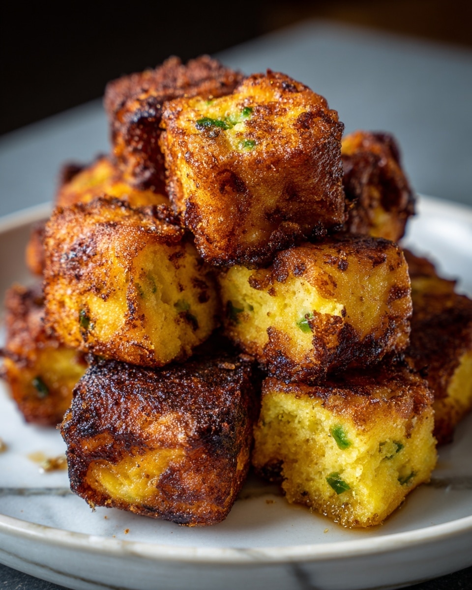 A white plate holds a pile of small, round fried bites, each about two layers thick. The outer layer is golden to dark brown, crispy and charred in spots, with a rough texture showing crumbs and bits of coating. The inside layer is pale yellow, soft and moist, visible through cracks in the crispy outer parts. The bites are stacked closely, showcasing their thick, crunchy crust and tender core. The background is a white marbled surface with soft natural light highlighting the crispiness and oily shine on the fried pieces. Photo taken with an iphone --ar 4:5 --v 7