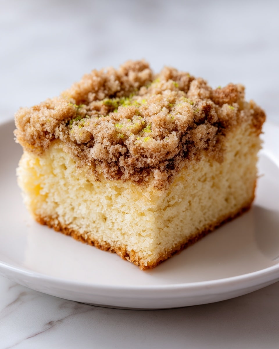 A square slice of crumb cake sits on a white plate with a white marbled texture surface in the background. The cake has three clear layers: the bottom layer is a thick, soft sponge cake with a light yellow color and fine texture, the middle layer is similar in color but appears slightly more crumbly, and the top layer is a thick, rough crumb topping made of golden brown streusel mixed with small bits of green pistachio pieces scattered on top. The crumb topping is uneven and crunchy-looking, contrasting with the soft cake below. Photo taken with an iphone --ar 4:5 --v 7