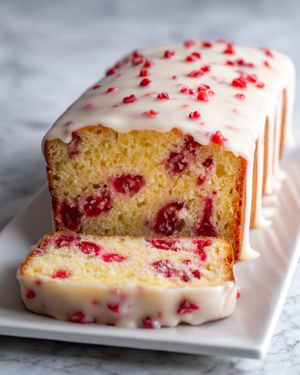 A loaf cake with a golden brown crust is shown on a white rectangular plate, sitting on a white marbled surface. The cake is sliced, showing moist yellow inside with scattered red berry pieces throughout. A thick white glaze drips down the top and sides of the cake, with small red fruit bits sprinkled on top. The texture looks soft and fresh. Photo taken with an iphone --ar 4:5 --v 7