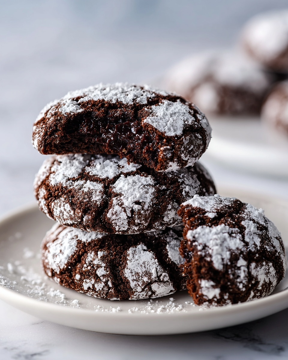 A white plate holds a stack of four dark chocolate cookies. The cookies have a cracked surface with a rough texture and are sprinkled with a light dusting of powdered sugar. One cookie is leaning on the stack, broken in half to show a soft, chewy inside with chunks of melted chocolate. The background is a white marbled surface with a blurred kitchen setting. photo taken with an iphone --ar 4:5 --v 7