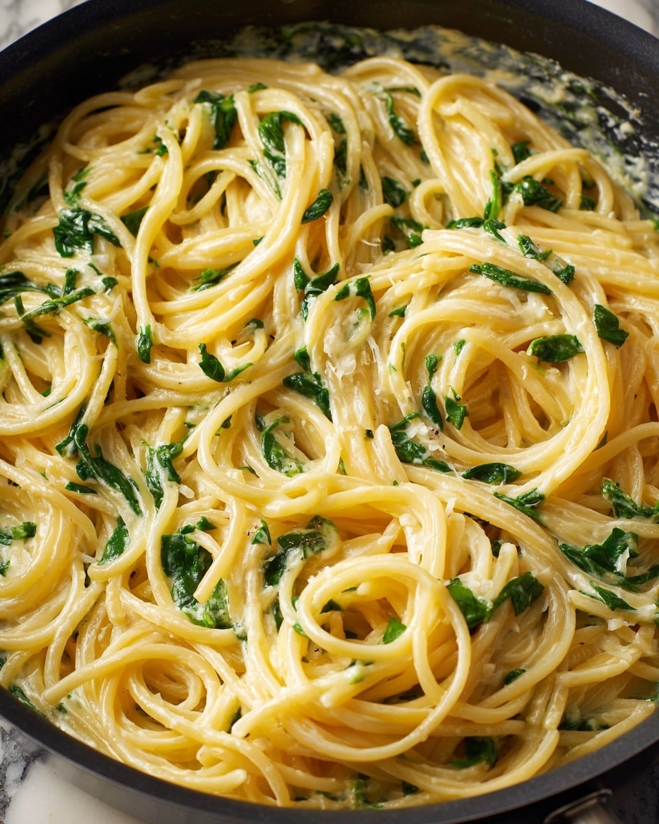 The image shows a close-up view of a pan filled with creamy spaghetti pasta. The dish has one main layer of pale yellow, smooth spaghetti noodles coated in a rich, white creamy sauce with small patches of bright green fresh herbs scattered throughout. The texture of the pasta looks soft and well-mixed with the sauce, giving it a glossy appearance. The background is not visible in detail, but the pan is black, contrasting with the creamy pasta inside. photo taken with an iphone --ar 4:5 --v 7