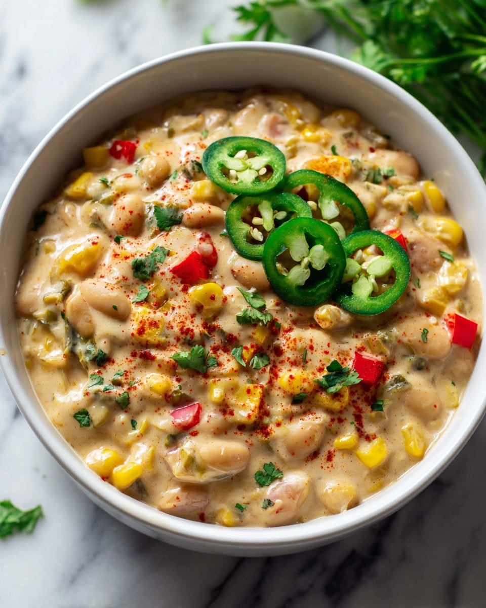 The image shows a close-up of a creamy soup served in a white bowl with a light green rim, placed on a white marbled surface. The soup has a thick, pale yellow base with visible small white beans and yellow corn kernels throughout. On top, slices of green jalapeño and small pieces of red pepper are placed as garnish, along with some fresh green cilantro leaves. A light dusting of orange-red spice powder is sprinkled evenly over the surface, adding a pop of color and texture. The overall look is warm, rich, and inviting. Photo taken with an iphone --ar 4:5 --v 7