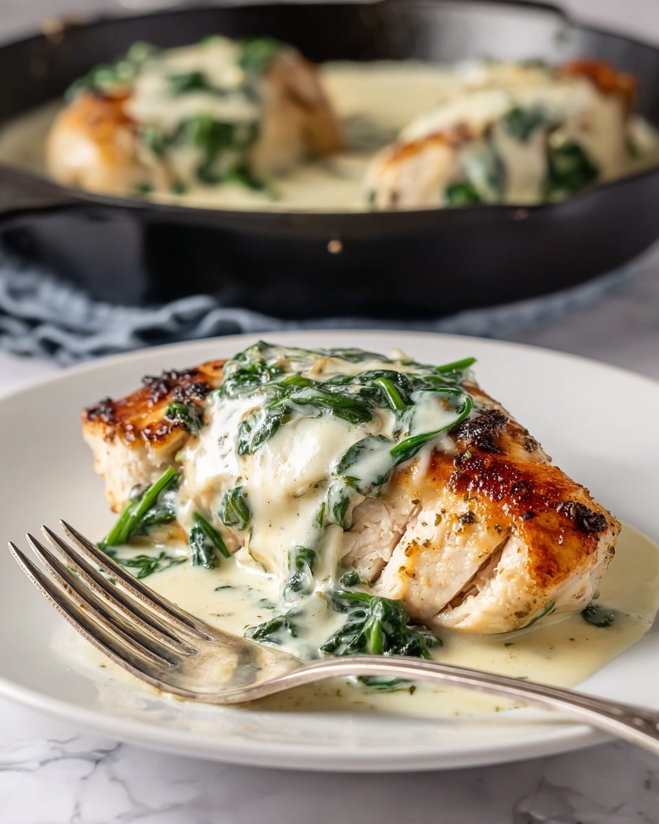 A white plate holds a golden-brown cooked chicken breast topped with creamy white sauce mixed with cooked green spinach leaves, the sauce spreading softly over the sides of the chicken. A silver fork rests on the right side of the plate. The background shows a white marbled surface with a blurred skillet containing more spinach in creamy sauce. Photo taken with an iphone --ar 4:5 --v 7