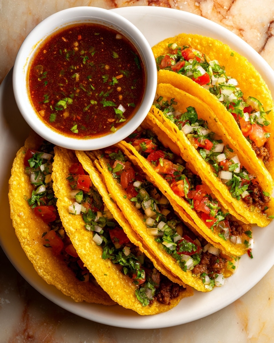 This image shows five folded tacos arranged close together on a white plate, each taco filled with layers including a crispy orange-brown shell, melted cheese visible on the inside, and topped with fresh, diced red tomatoes, white onions, and green cilantro. There is a small, round white dish with red salsa on the bottom right of the plate. The background features a white marbled surface. The overall look is vibrant with warm and fresh colors, and a woman's hand is seen holding one taco on the left side. photo taken with an iphone --ar 4:5 --v 7