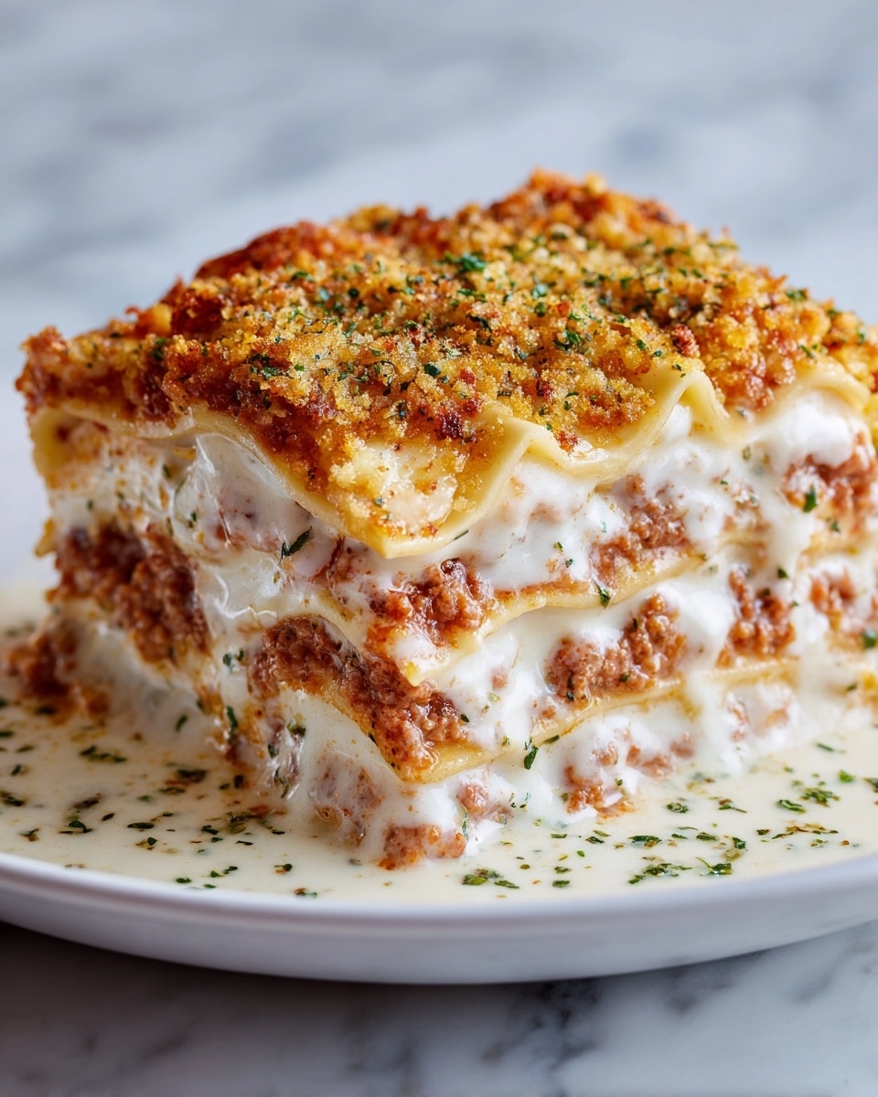 A round slice of lasagna is shown close-up on a white plate, placed on a white marbled surface. The dish has multiple layers clearly visible: the top layer is golden brown with crunchy breadcrumbs, followed by a layer of light yellow melted cheese that stretches slightly as it drips down the sides. Beneath that is a layer of creamy sauce with light green herbs sprinkled throughout. Below the sauce is a thick layer of pinkish ground meat mixed with other ingredients, giving it a dense texture, and at the bottom there is a thin pasta layer holding everything together. The cheese and sauce create a creamy, gooey texture around the meat and pasta layers. The photo taken with an iphone --ar 4:5 --v 7