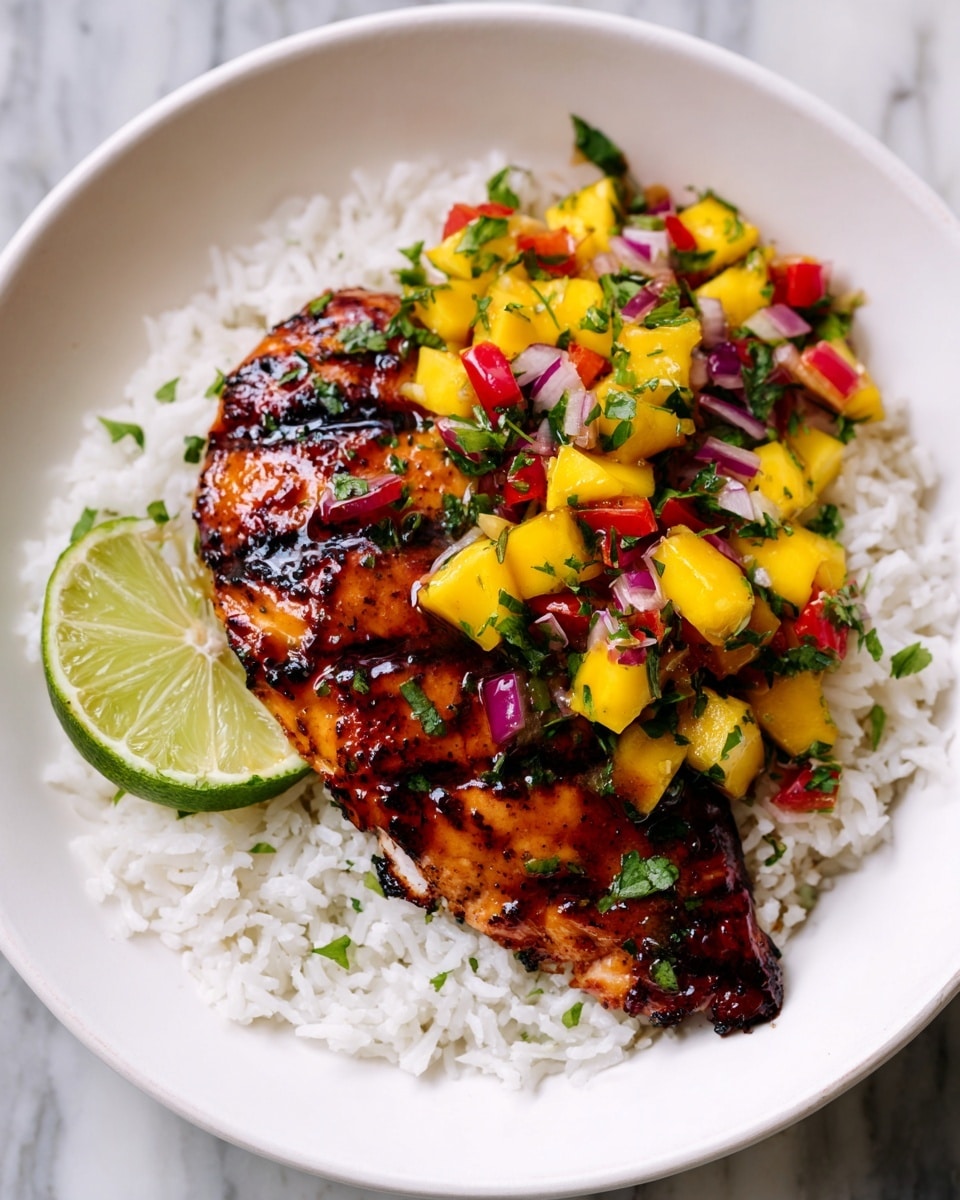 A close-up of a grilled chicken breast with dark char lines, placed on top of a bed of white rice. Next to the chicken, there is a colorful mango salsa with bright yellow mango chunks, red diced peppers, green herbs, and small bits of purple onion mixed together. A lime wedge is partly visible in the background, adding a fresh vibe. Everything is served on a white plate, set on a white marbled surface. photo taken with an iphone --ar 4:5 --v 7