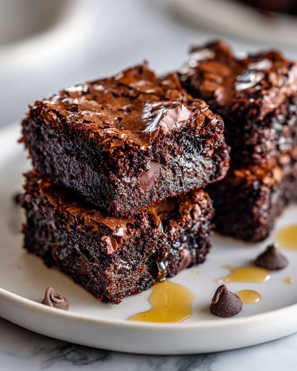 Three thick, square chocolate brownies with a textured, cracked top layer sit on a white plate. Each brownie has a rich, dark brown color with visible chocolate chips melted inside, showing a moist and dense interior. The front brownie has a small drizzle of honey next to it, alongside a few chocolate chips, all placed on a white marbled surface in a kitchen setting with gray cabinets blurred in the background. photo taken with an iphone --ar 4:5 --v 7