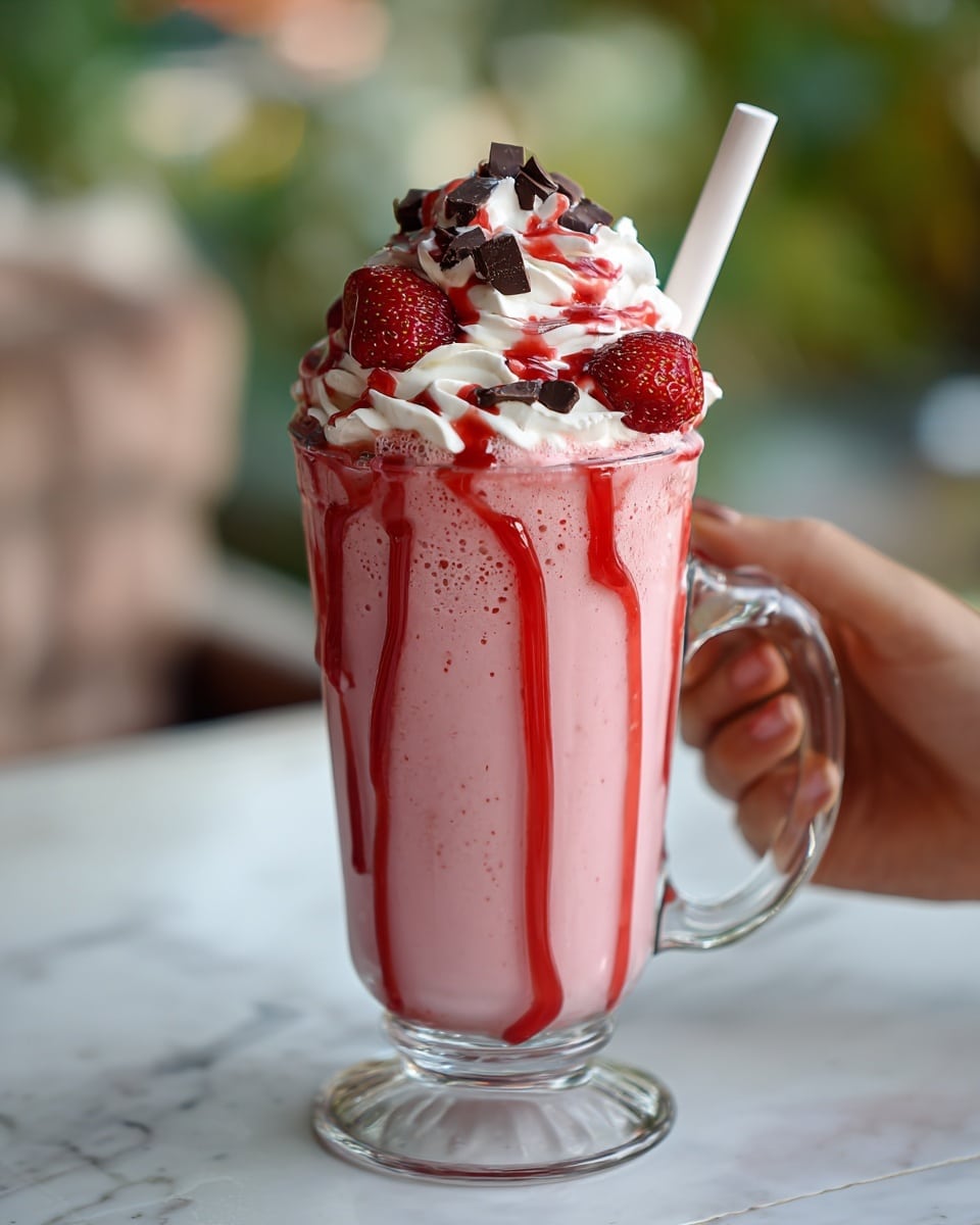 A tall clear glass jar filled with a pink milkshake that has a creamy, slightly chunky texture. The milkshake is topped with a thick layer of white whipped cream, drizzled with bright red syrup that partly drips down the sides of the glass. On top of the whipped cream, there are fresh whole strawberries in red with green leaves, small black pieces that look like crushed cookies or chocolate, and tiny red flakes scattered around. A woman's hand is holding the glass from the side. The glass is placed on a white marbled surface with a blurred green and brown background. Photo taken with an iphone --ar 4:5 --v 7