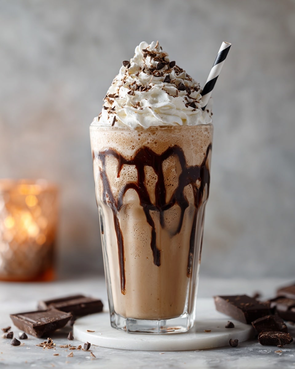 The image shows a tall clear glass filled with a chocolate milkshake that is dark brown and creamy. The milkshake has thick chocolate syrup dripping down the sides of the glass, creating messy dark streaks. On top, there is a large, fluffy pile of whipped cream, white and soft, covered with more chocolate syrup and small chocolate pieces. A black and white striped paper straw is placed inside the glass. The glass is set on a white marbled surface, and a woman’s hand holds the glass gently from the side. Photo taken with an iphone --ar 4:5 --v 7