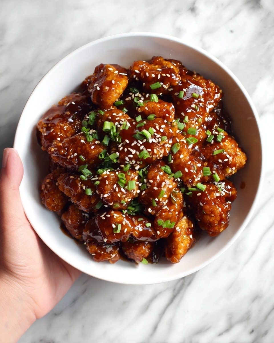 The image shows a white bowl filled with glazed chicken pieces that are dark brown and shiny, covered in thick sauce. The chicken is arranged in a few layers, with the top layer sprinkled with chopped green onions and white sesame seeds. The bowl is placed on a white marbled surface. photo taken with an iphone --ar 4:5 --v 7