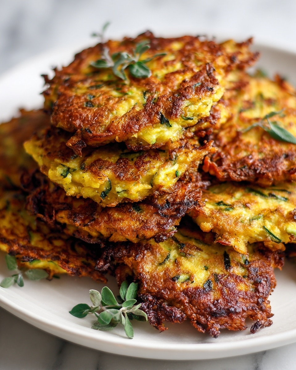 A white plate filled with multiple golden-brown zucchini fritters stacked in layers, each fritter showing crispy, textured edges and small green bits of zucchini and herbs inside. The fritters have a mix of light yellow and green colors with a slightly oily surface that glistens. Fresh green parsley is sprinkled on top, adding a touch of brightness and freshness to the dish. The plate sits on a white marbled texture surface. photo taken with an iphone --ar 4:5 --v 7