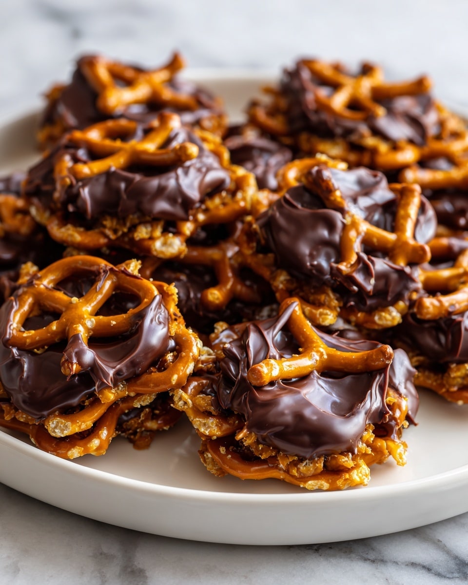 The image shows a close-up of a white plate filled with clusters of crunchy pretzels coated in a mix of caramel and dark chocolate. Each cluster has visible twisted pretzel shapes, dipped partially in smooth, glossy dark brown chocolate, while the caramel adds a rich golden-brown color and sticky texture around the pretzels. The treats are sprinkled lightly with coarse salt on top, adding a contrast in texture. The plate sits on a white marbled surface, enhancing the warm colors of the snacks. photo taken with an iphone --ar 4:5 --v 7