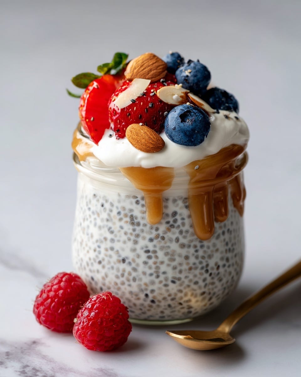 A small clear glass jar filled with three visible layers: the bottom layer is creamy white chia pudding with tiny black chia seeds mixed throughout, the middle layer is lightly swirled creamy white yogurt, and the top layer is decorated with fresh red strawberries, dark blue blueberries, small white coconut flakes, and thin light brown almond slices. A golden caramel or honey drizzle runs down the sides of the jar. Two bright red raspberries sit next to the jar on a white plate, all set on a white marbled surface. Photo taken with an iphone --ar 4:5 --v 7