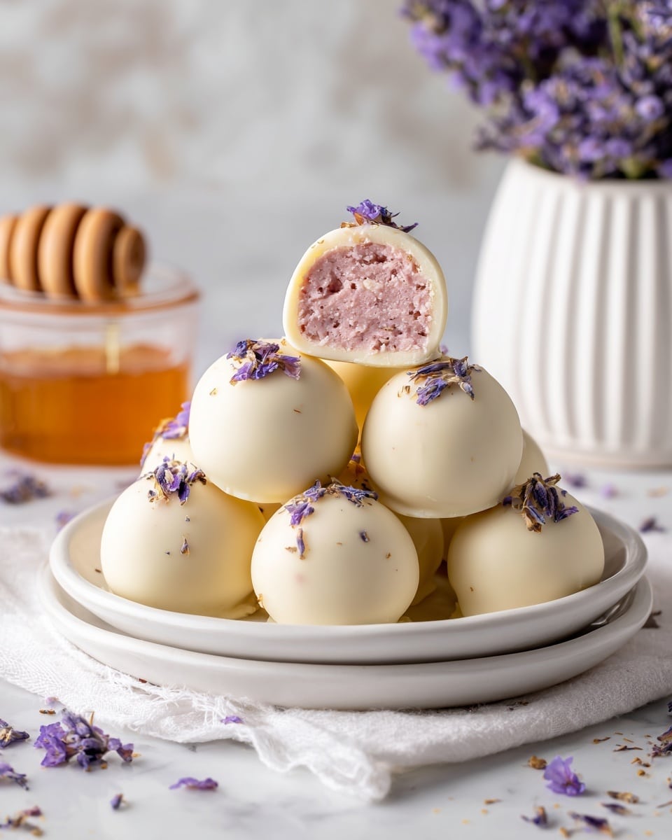A stack of round white chocolate-covered truffles sits on two white plates, one inside the other, placed on a white marbled surface with a white cloth underneath. The truffles are smooth and pale, each decorated with a small dried purple flower on top. One truffle is cut in half, showing a pink creamy filling inside with a textured pattern. Around the plates, tiny purple flowers are scattered lightly. In the background, blurred lavender flowers and a white ribbed container with a honey dipper beside it can be seen. Photo taken with an iphone --ar 4:5 --v 7