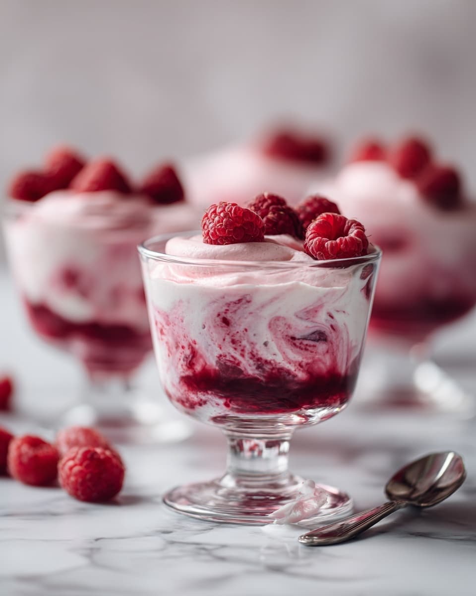 Clear glass dessert glasses are filled with swirled raspberry mousse, each showing two visible layers: a bottom layer of bright dark red raspberry jelly and a top layer of pale pink whipped mousse with a smooth, soft texture, swirled elegantly on top. The glasses sit on a surface with a white marbled texture. In another clear glass bowl, fresh whole raspberries sit on one side over a thick, creamy raspberry mixture that is pale pink with flecks of darker red, while a stainless steel spoon rests on the opposite side, partially dipped in the mousse. The spoon is held by a woman's hand. photo taken with an iphone --ar 4:5 --v 7